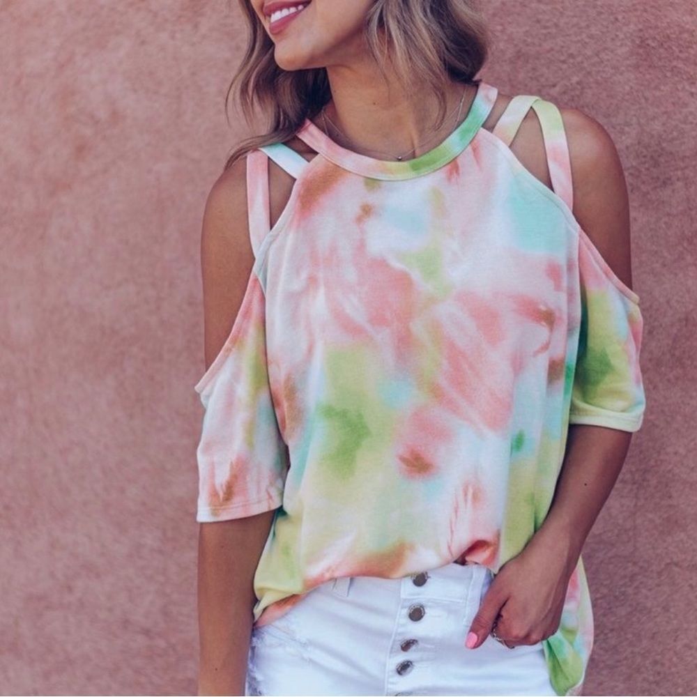 Sherbet Neon Baby French Terry Tie Dye Cold Shoulder Top Sizes Small NWT